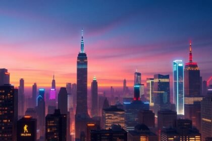 retrofuturist manhattan skyline dusk