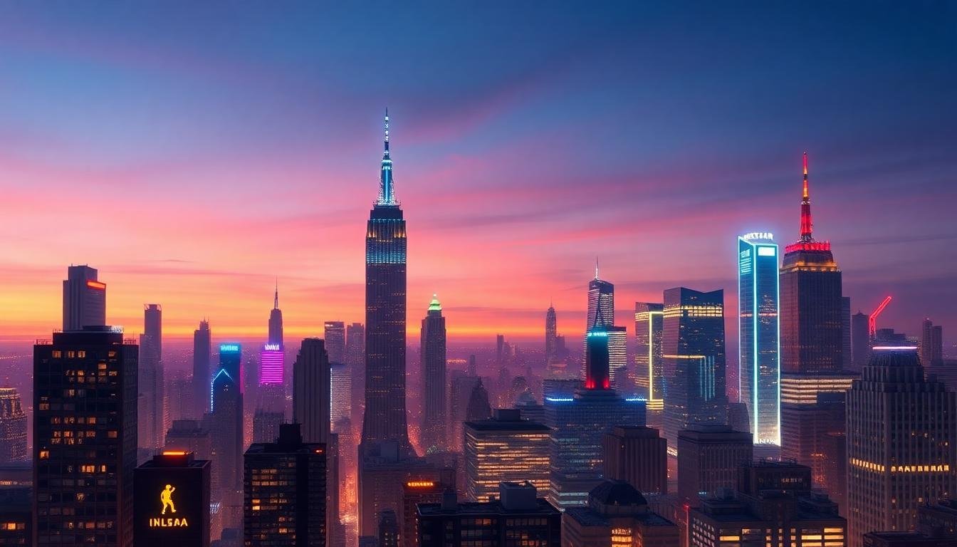 retrofuturist manhattan skyline dusk
