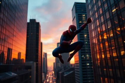spiderman swinging modern city dusk