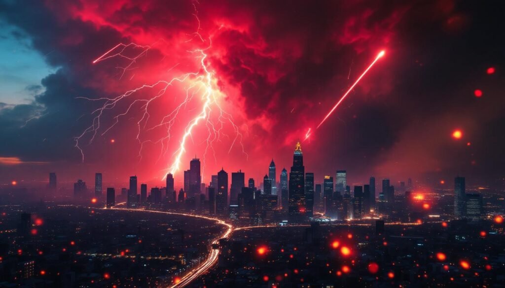 Avengers: Doomsday Confirmed as the Fifth MCU Avengers Film — What It Means 3 dusk city skyline red thunderstorm meteor trails