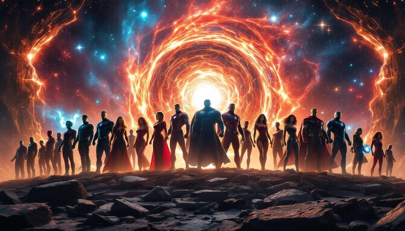 epic heroic superhero silhouettes cosmic platform