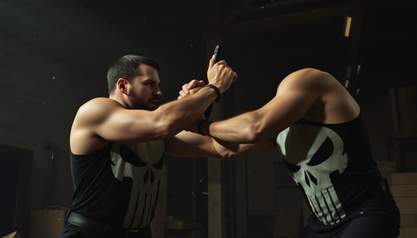 frank castle punisher john pilgrim fistfight warehouse