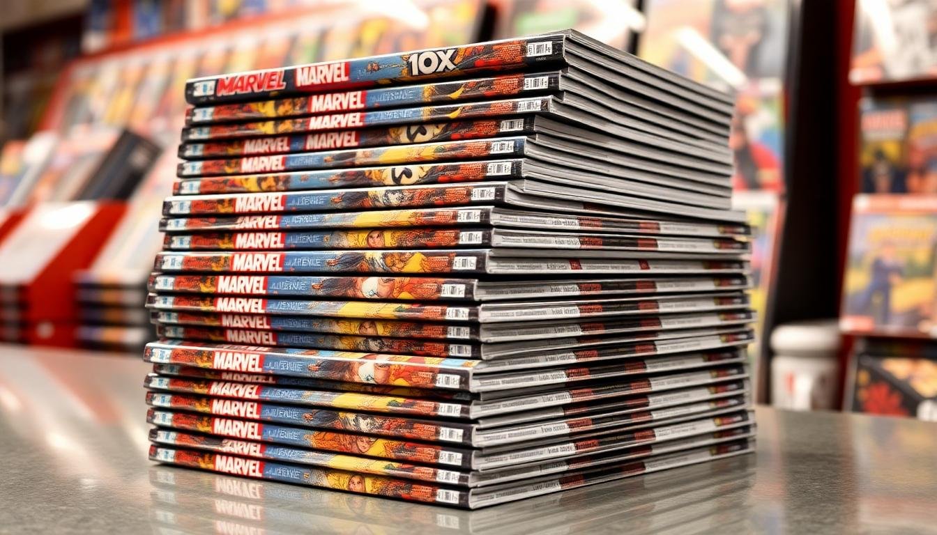 freshly unboxed marvel comic books stack