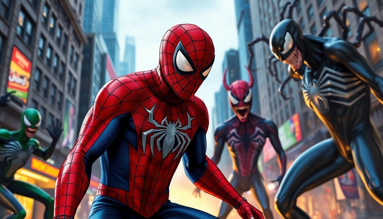 spiderman versus classic villains comic scene