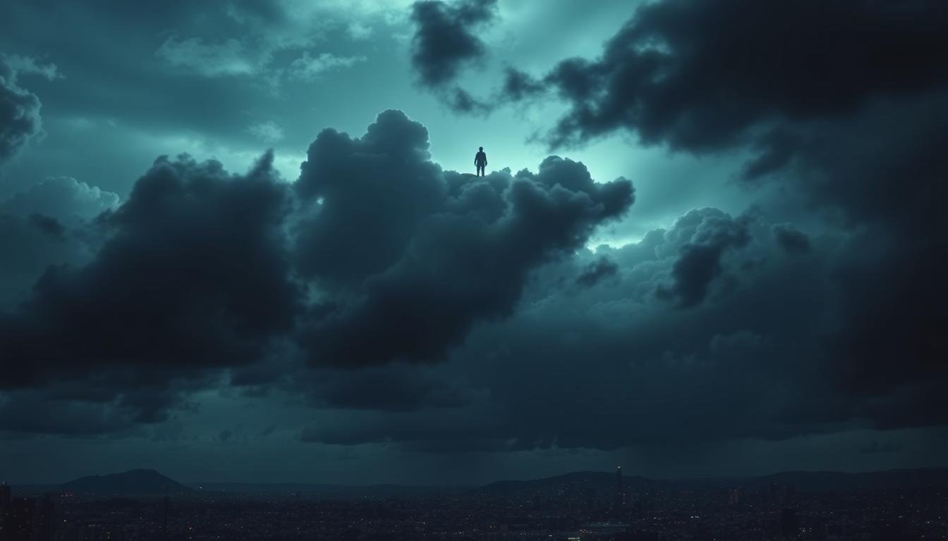 apocalyptic skyline storm clouds city lights