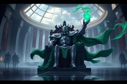 armored monarch futuristic throne emerald energy
