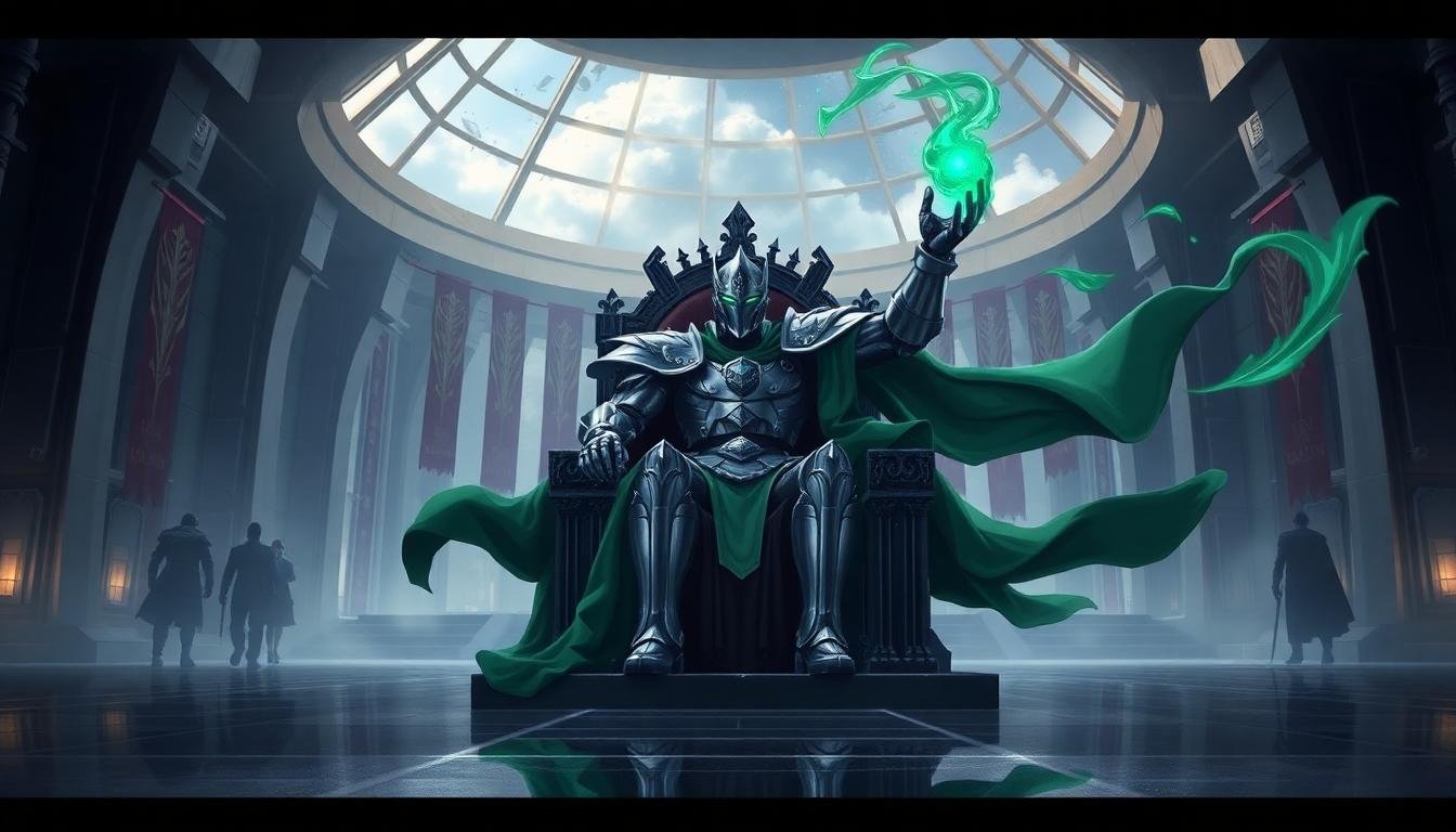 armored monarch futuristic throne emerald energy