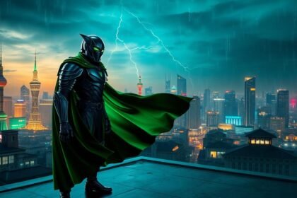 armored supervillain green cape shanghai rooftop