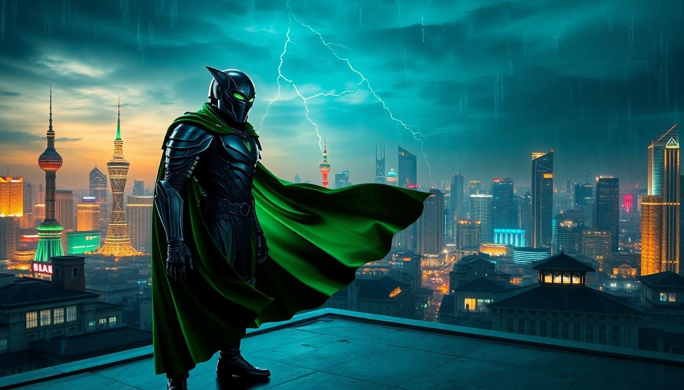 armored supervillain green cape shanghai rooftop