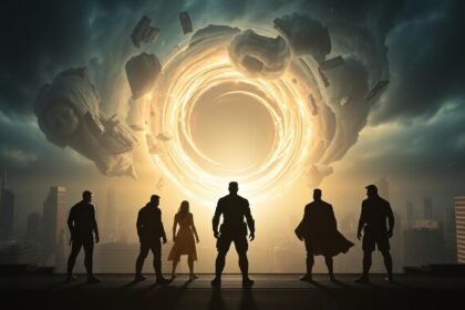 avengers doomsday heroes rooftop cosmic storm silhouettes