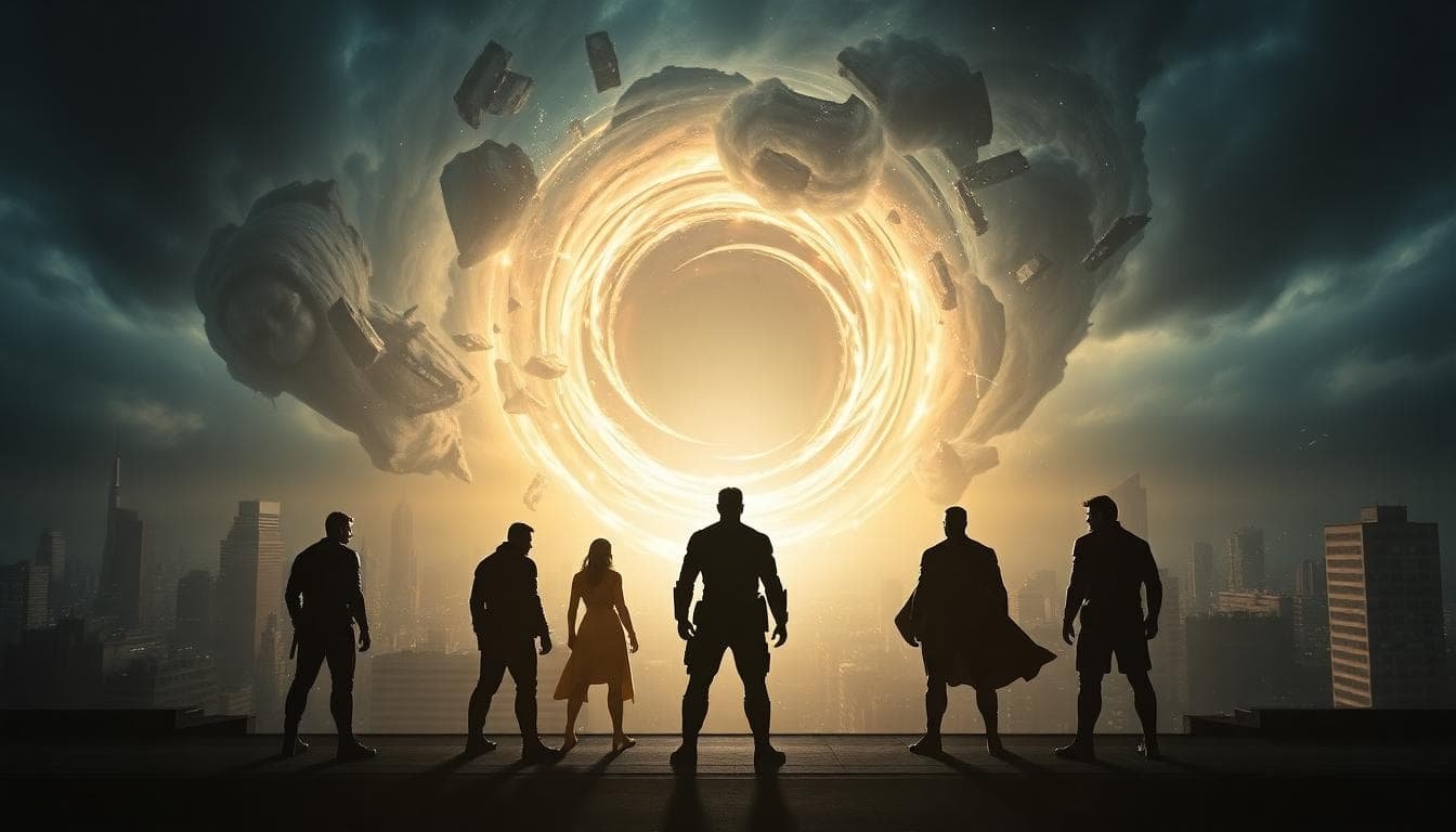 avengers doomsday heroes rooftop cosmic storm silhouettes