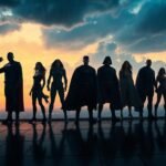 epic superhero team rooftop dusk