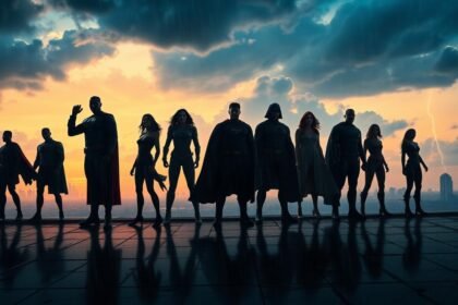 epic superhero team rooftop dusk