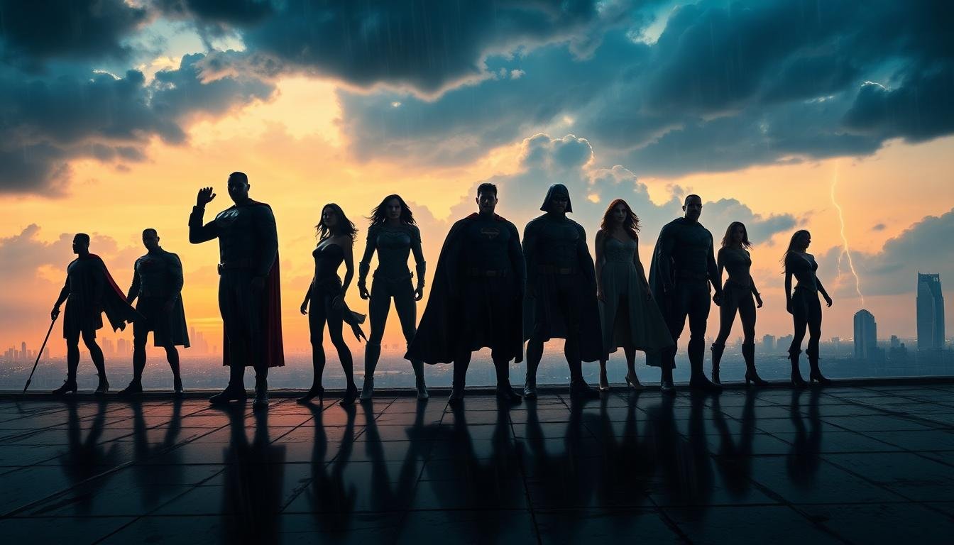 epic superhero team rooftop dusk