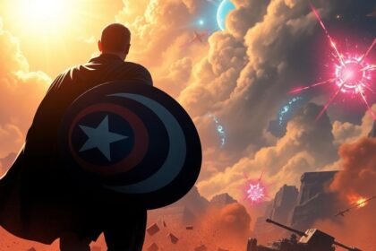 mysterious superhero silhouette patriotic shield battlefield cosmic rifts