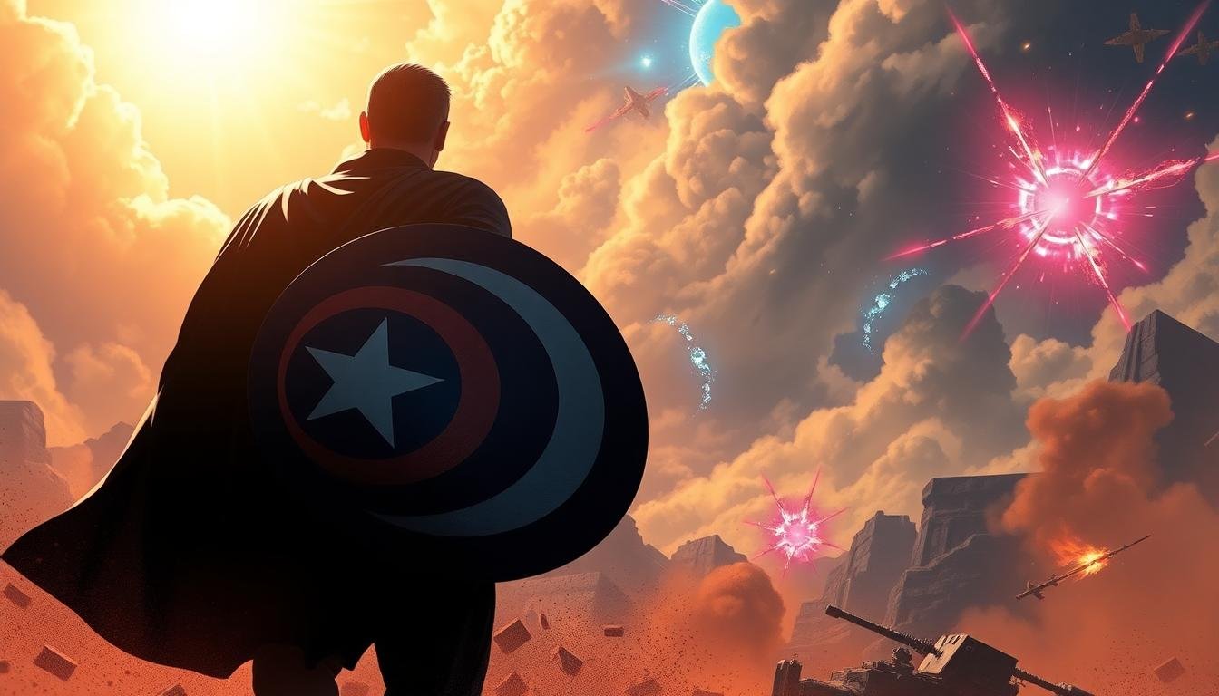 mysterious superhero silhouette patriotic shield battlefield cosmic rifts