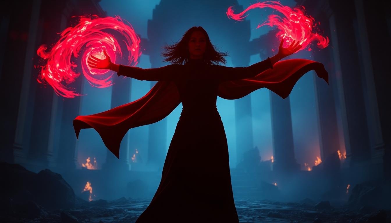 mystical sorceress red energy ruins