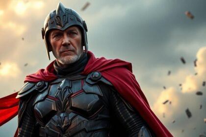 older comic antihero portrait crimson armor stormy sky