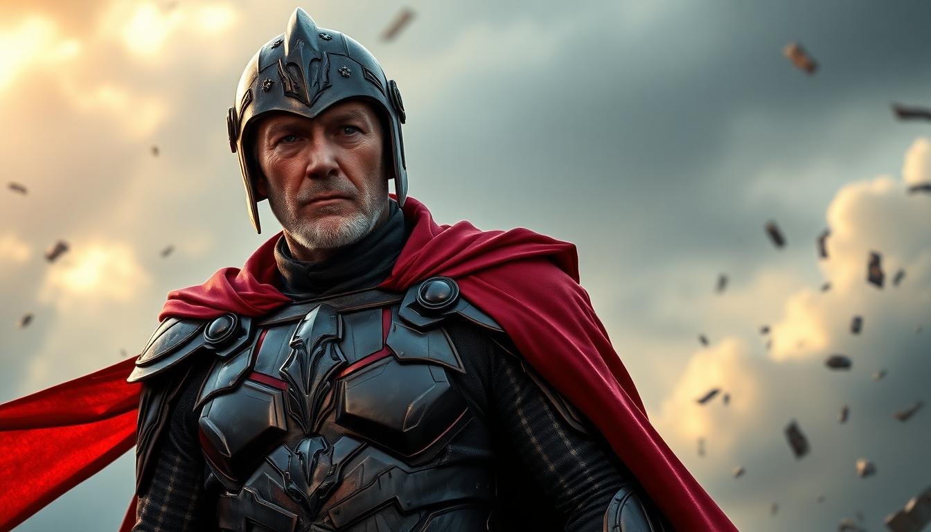 older comic antihero portrait crimson armor stormy sky