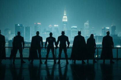 shadowy nighttime hero lineup rooftop