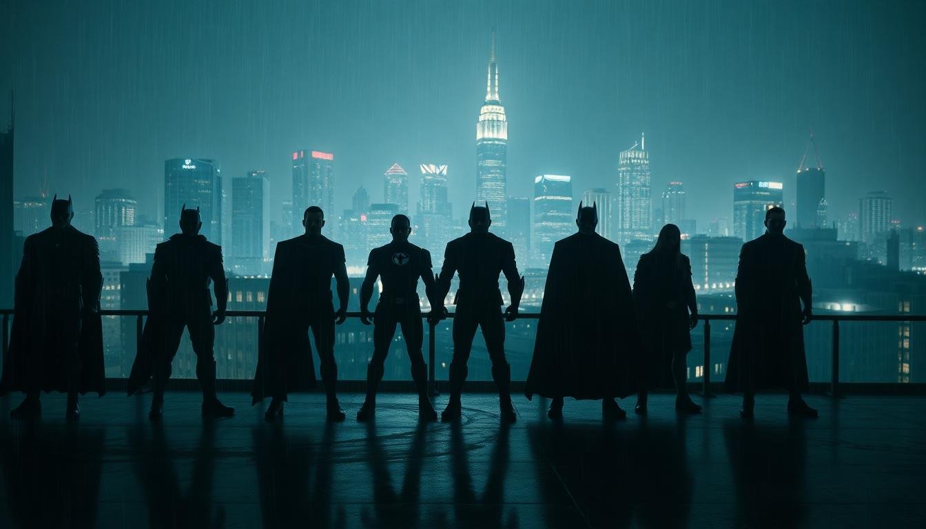 shadowy nighttime hero lineup rooftop