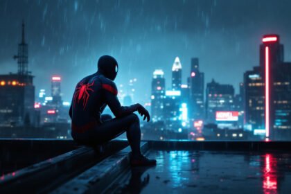 spider hero silhouette rainy rooftop