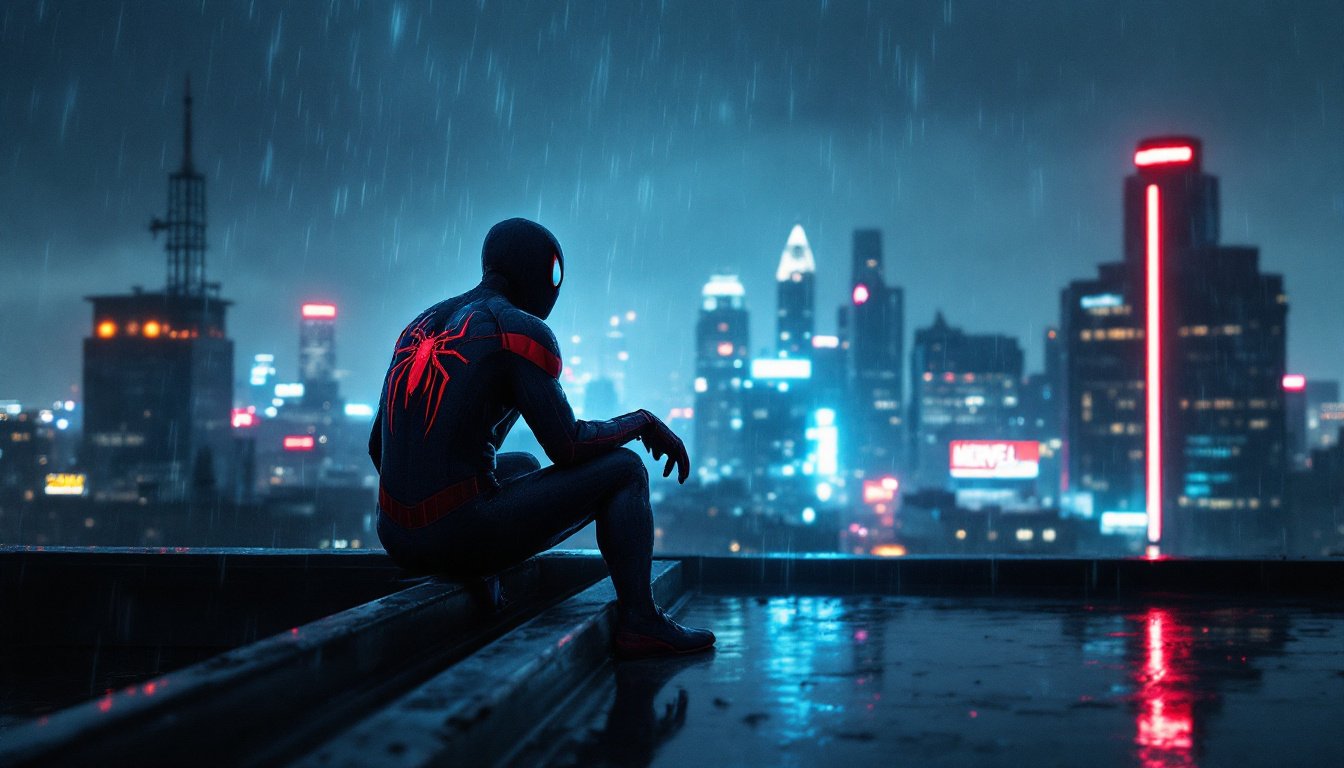 spider hero silhouette rainy rooftop