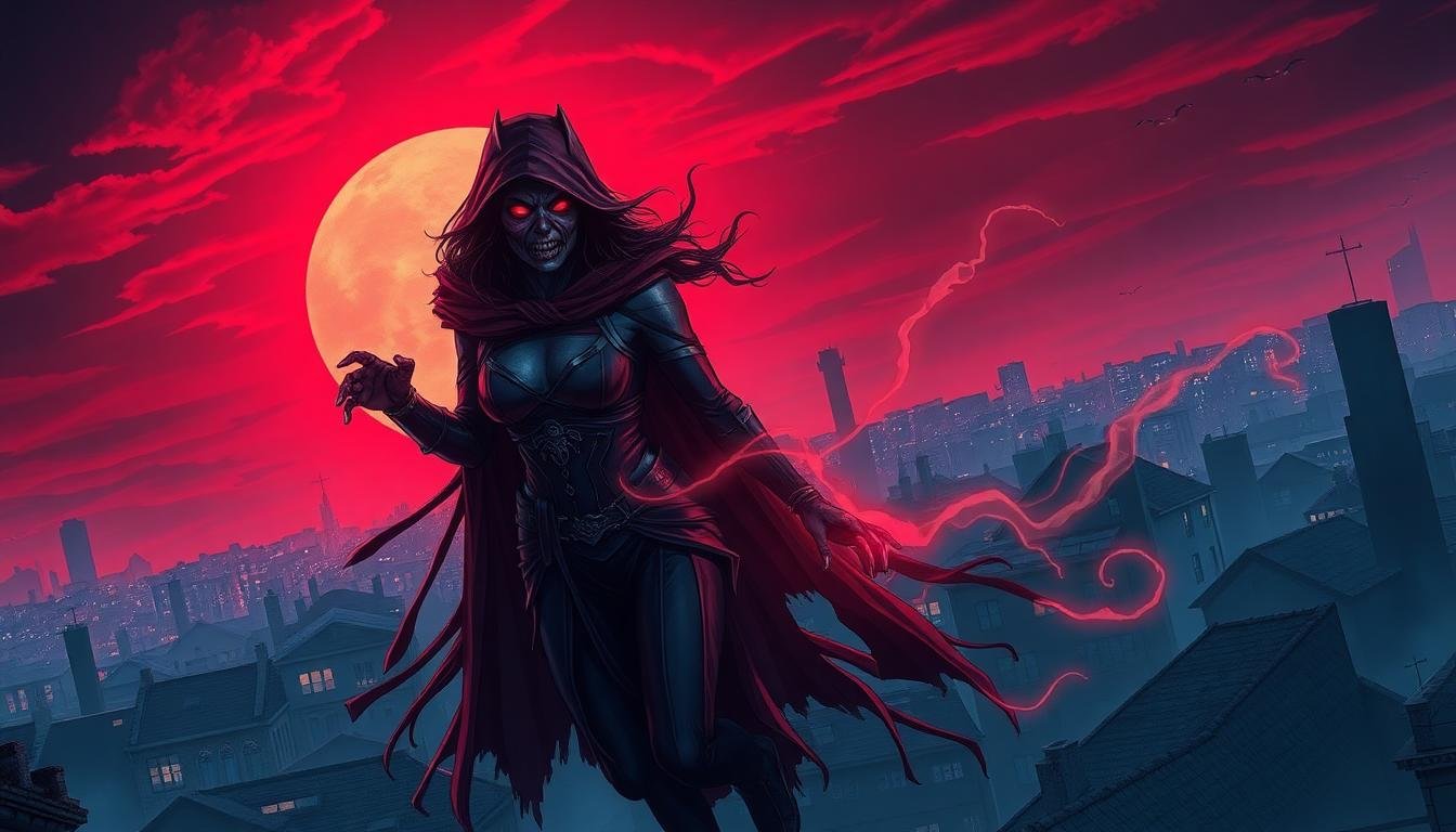 zombified scarlet witch ruined city dusk