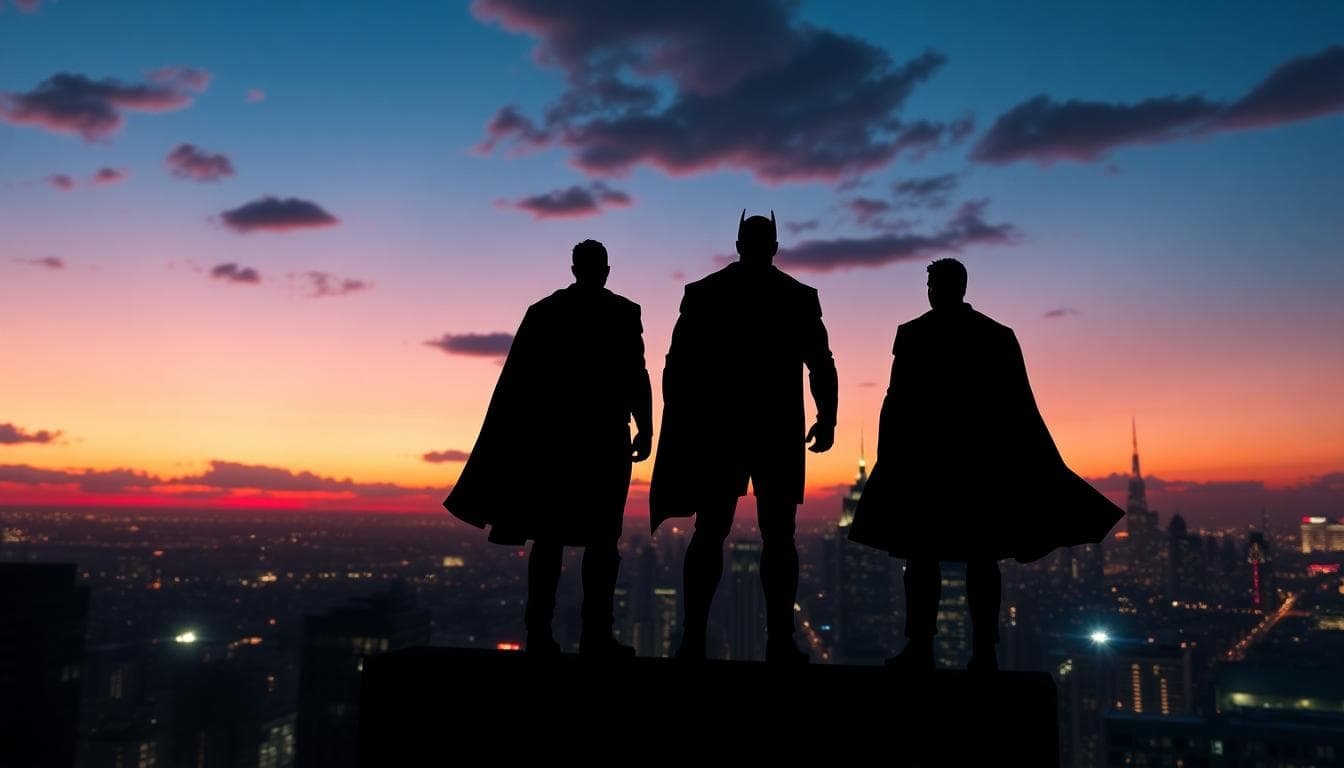 cinematic superhero silhouettes dusk skyline ab58168e