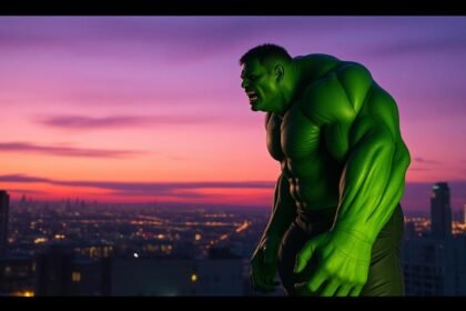 towering green superhero roaring city rooftop dusk