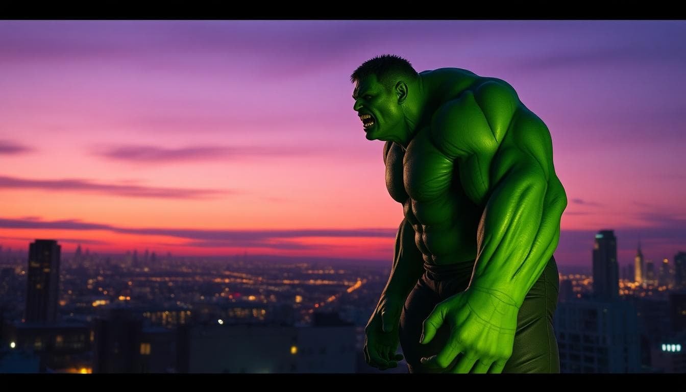 towering green superhero roaring city rooftop dusk