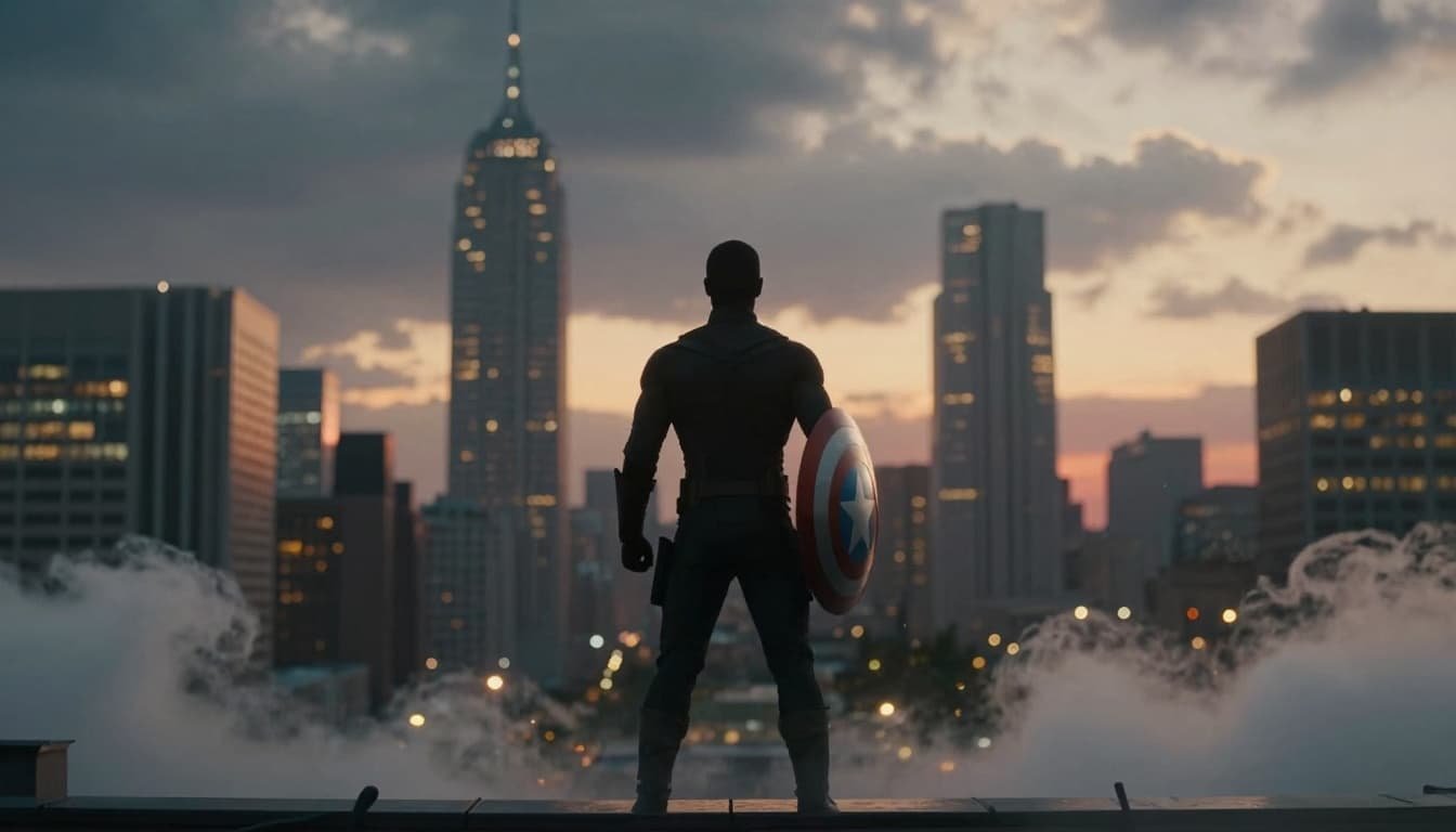 epic superhero silhouette sunset rooftop shield d1d89381