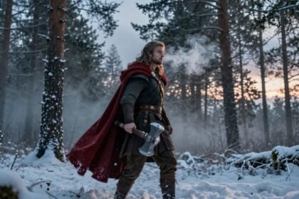 norse warrior red cape glowing hammer snowy forest edfc472f