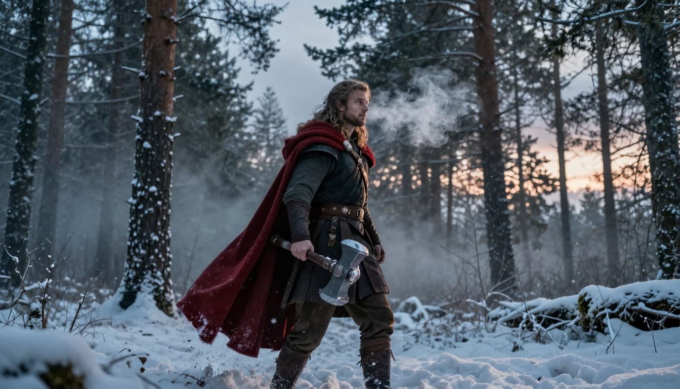 norse warrior red cape glowing hammer snowy forest edfc472f