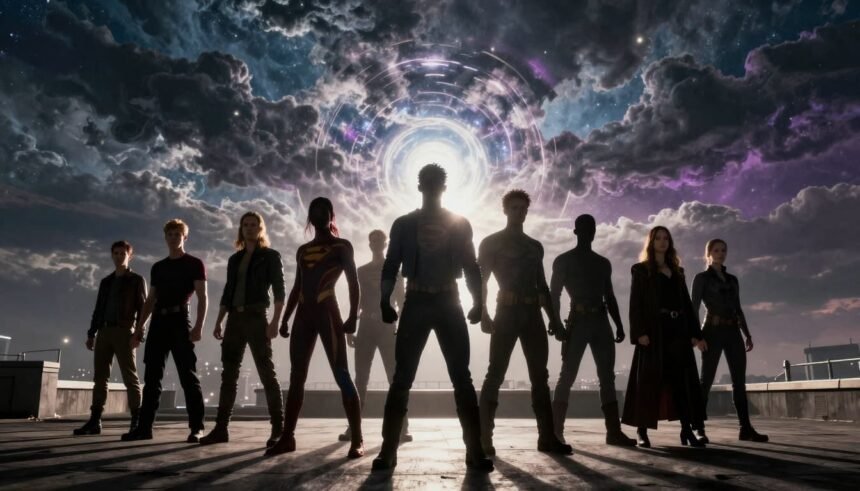 silhouetted superhero team rooftop multiverse portal 3aedd5e1