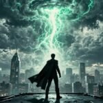 stormy futuristic city green rift caped hero ca137db2