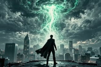 stormy futuristic city green rift caped hero ca137db2