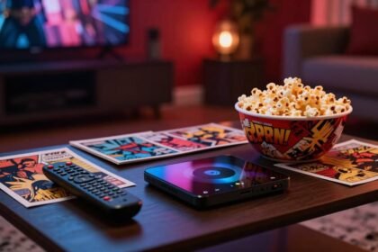 superhero movie night entertainment flatlay 5543d412