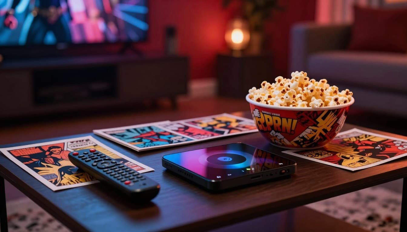 superhero movie night entertainment flatlay 5543d412