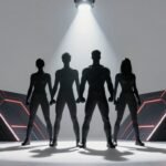 superhero silhouettes spotlight futuristic stage 5529cc1c